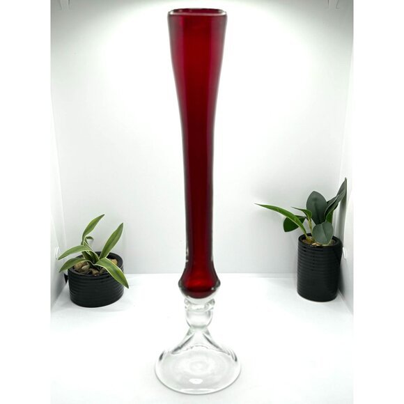 Tall Elegant Red & Clear Glass Vase For Home Decor Or Floral Arrangements - Picture 1 of 8